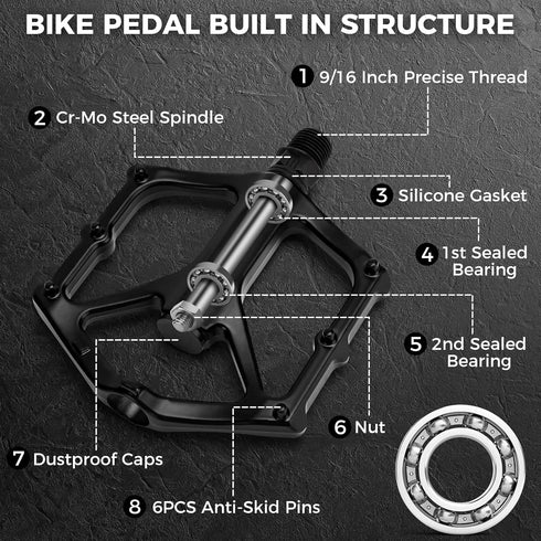 Premium Bike Pedals of 9/16 Inch, Professional Mountain and Road Bike Flat Pedal with 2 Sealed Bearings, Wide Paltform and Lightweight of Bicycle ...